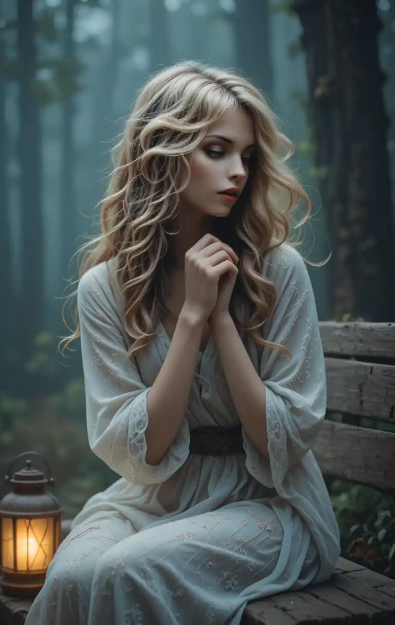 Young woman sitting alone on a bench in misty forest