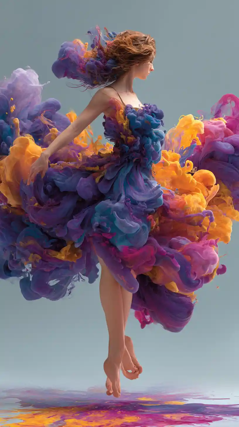 Dancing woman in swirling rainbow ink and smoke dress