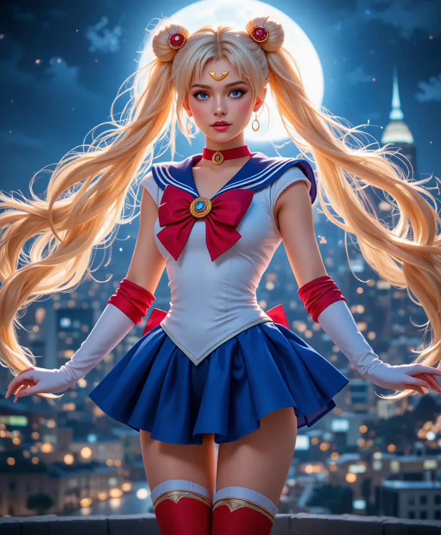 Cinematic moonlit heroine in sailor inspired costume