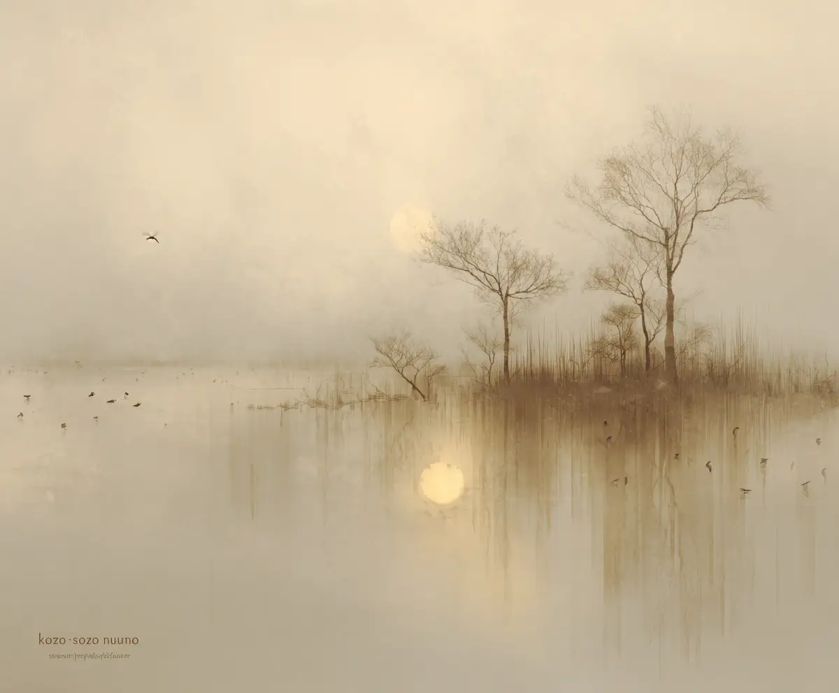 Minimale Silhouetten am See in weichem nebligem Aquarell