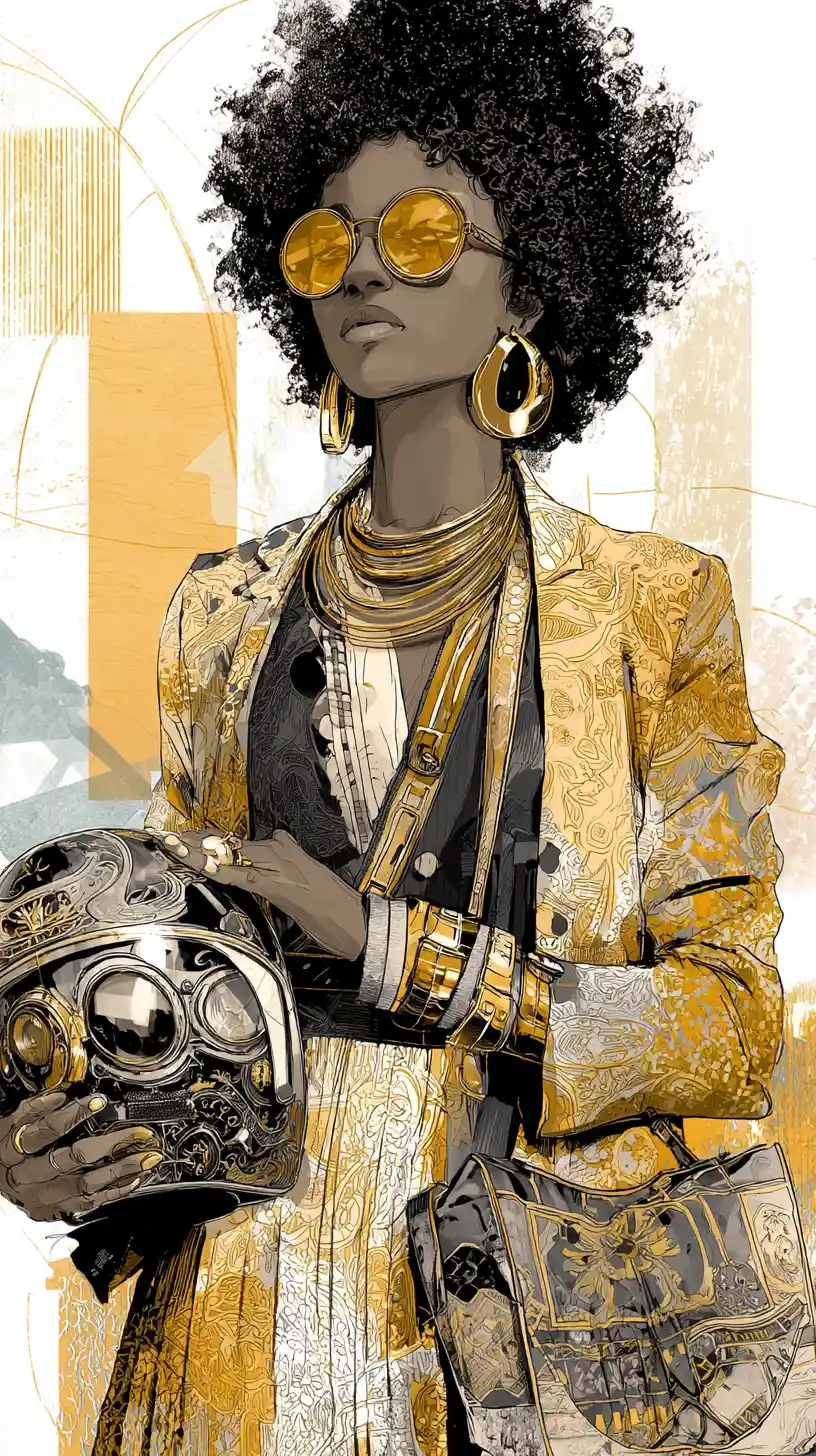 Elegant black biker woman with afro and vintage helmet