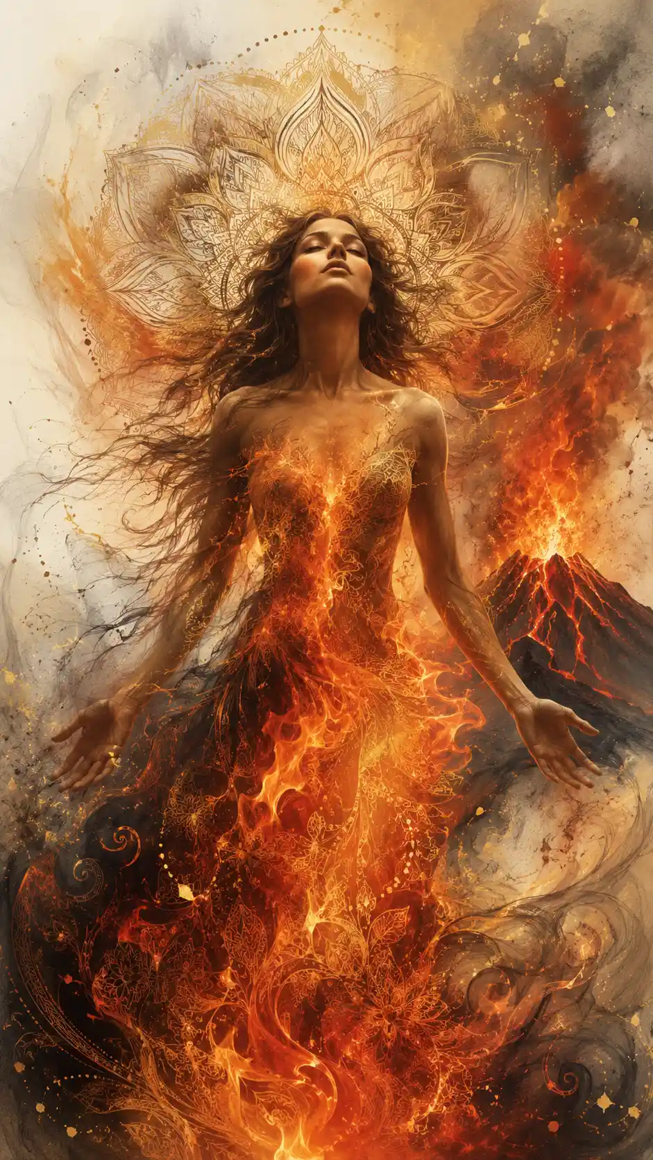 Fantasy woman rising from fire before erupting volcano