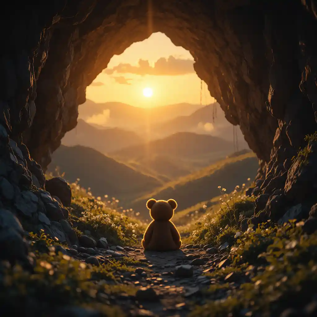 Teddy bear in a cave watching a golden sunrise outside
