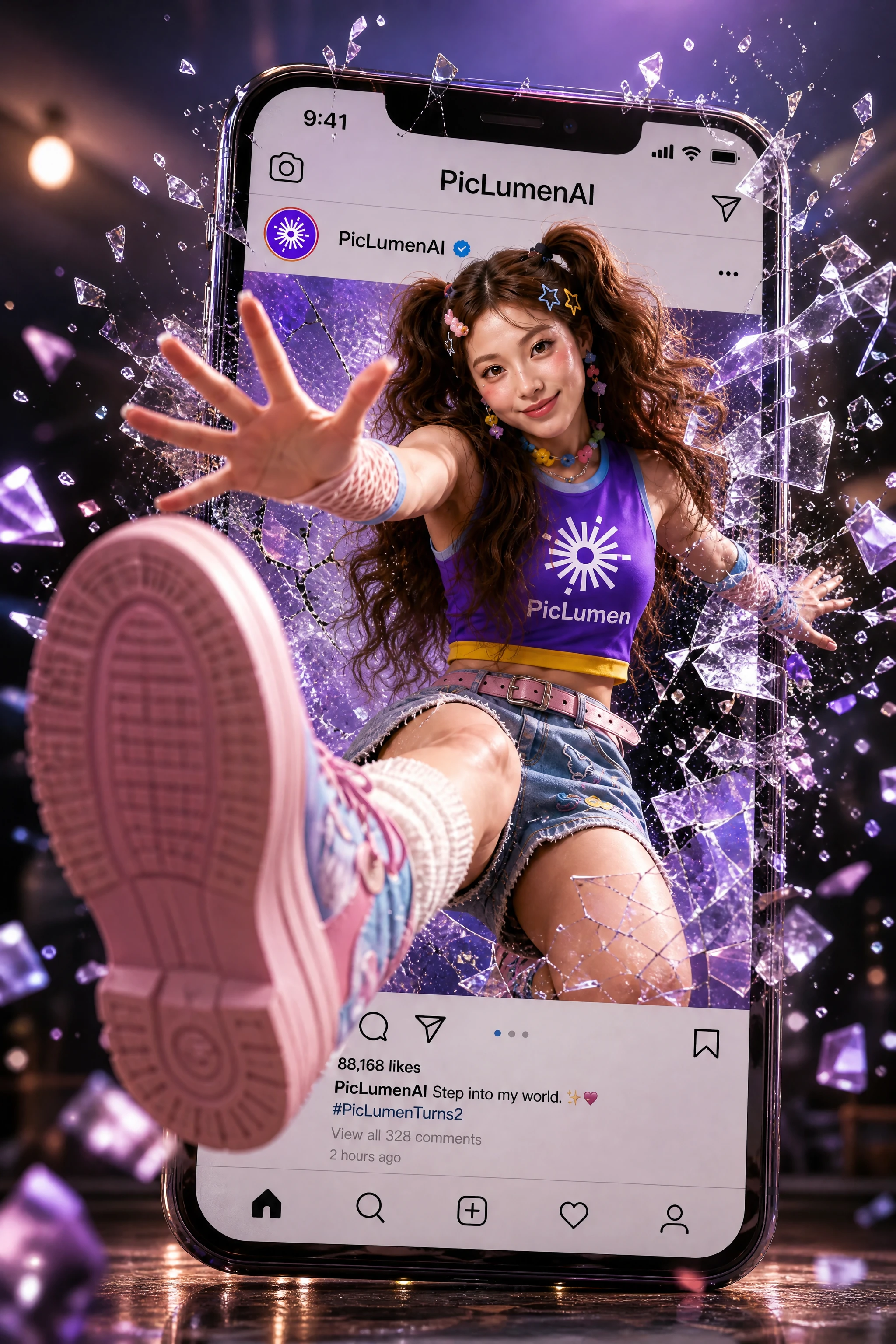 Joven mujer sale de la pantalla de redes sociales en 3D