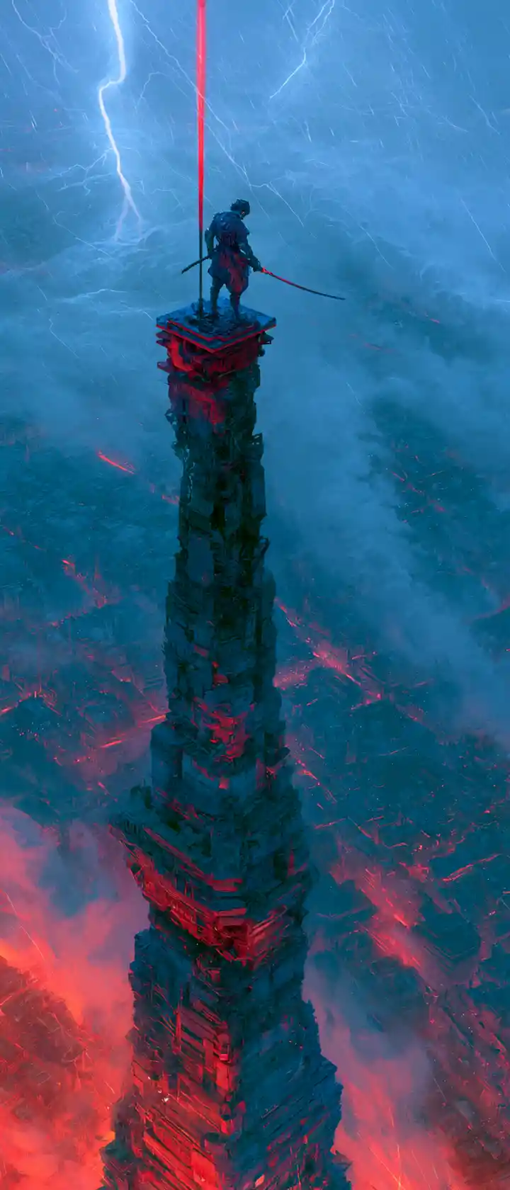 Cybernetic warrior on ruined tower above neon futuristic city