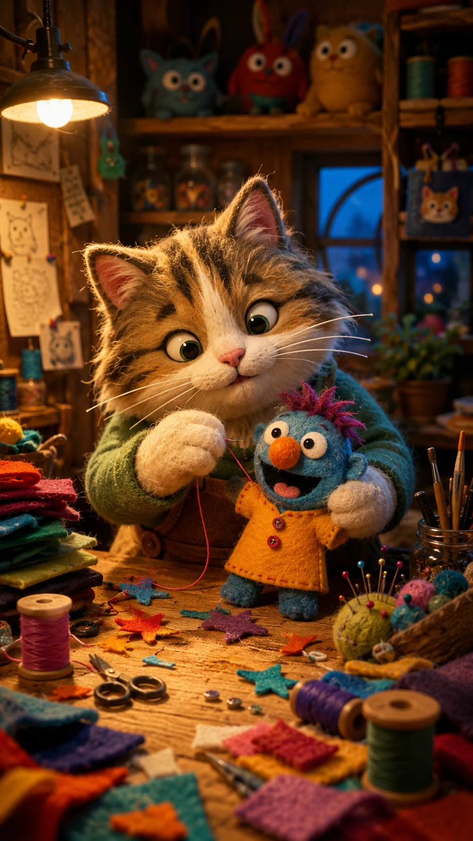 Fluffy cat crafting a colorful felt puppet in workshop