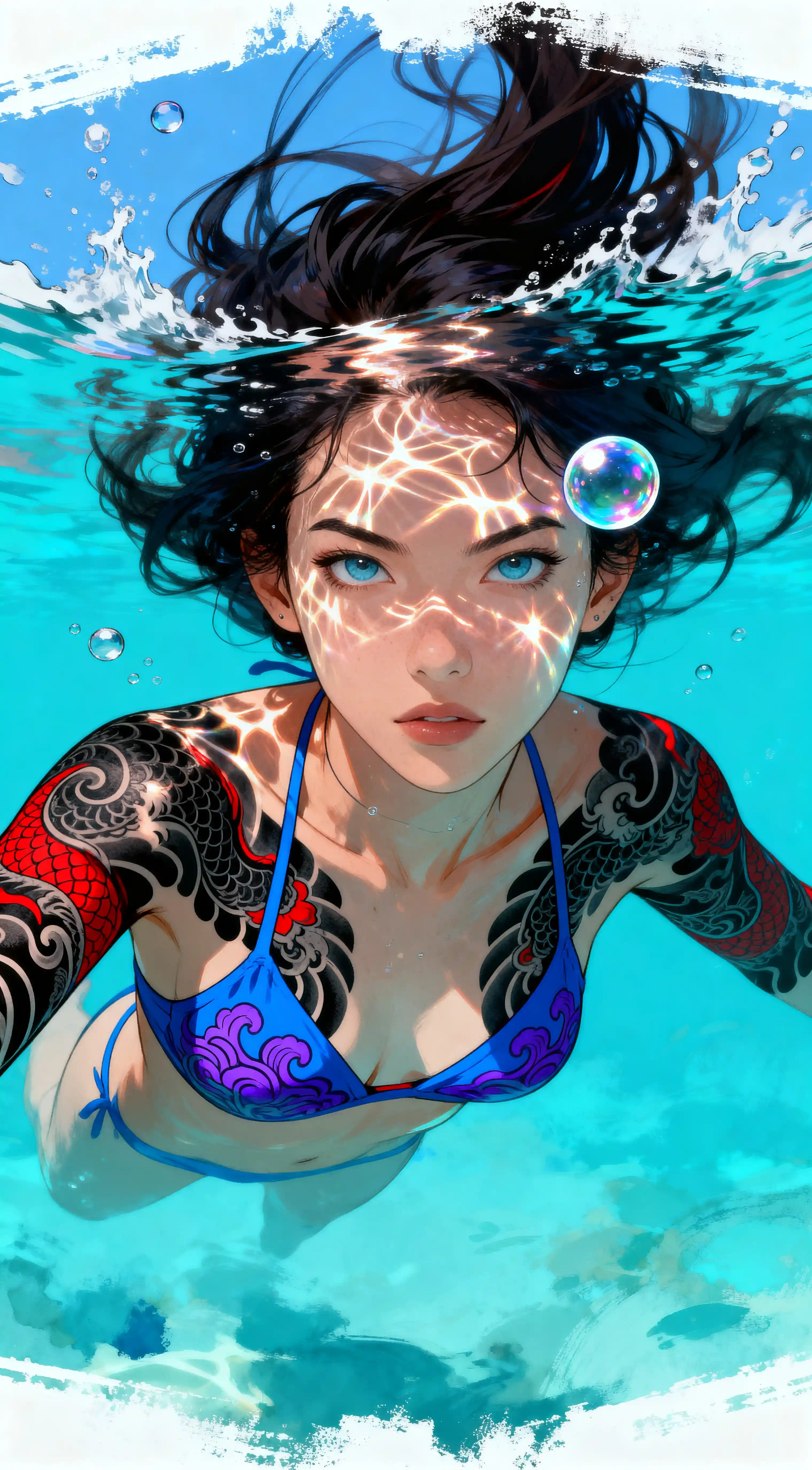 Determined tattooed swimmer breaking the turquoise water surface