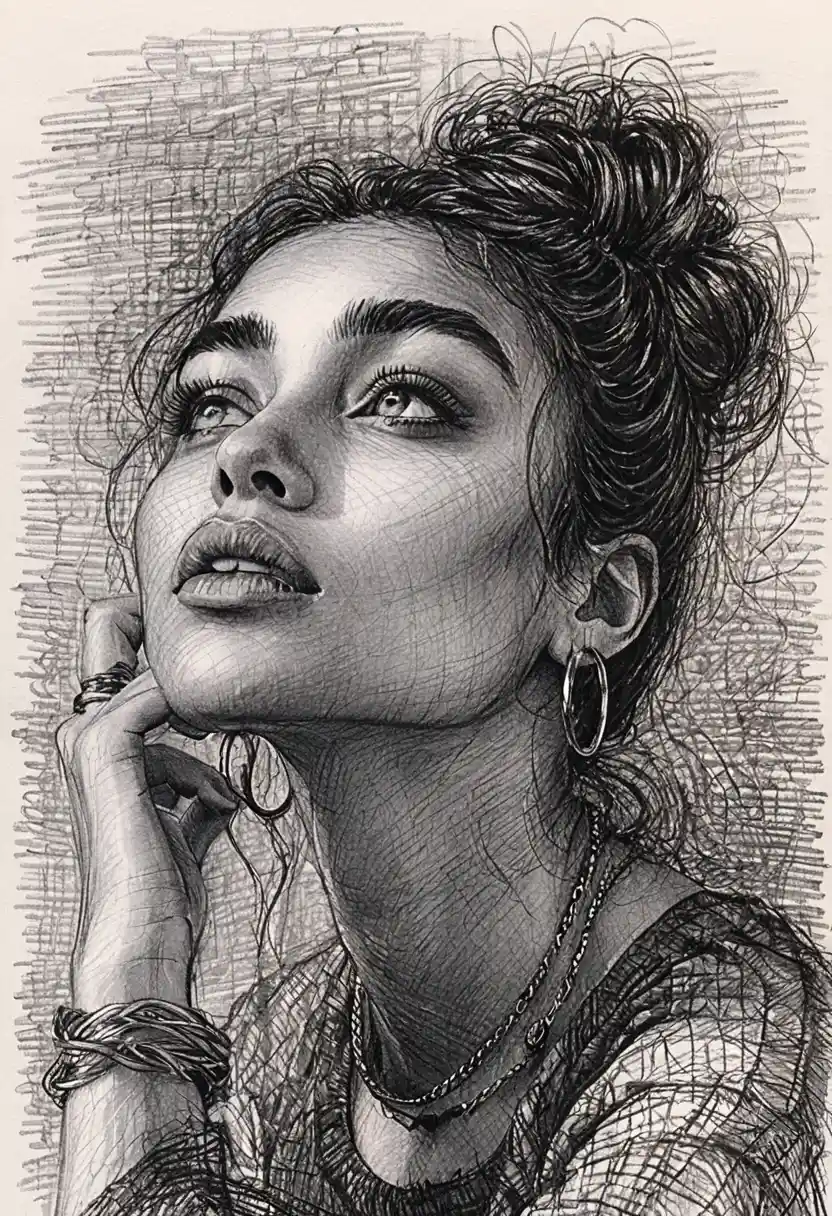 Thoughtful ink portrait of a woman with hand to her lips