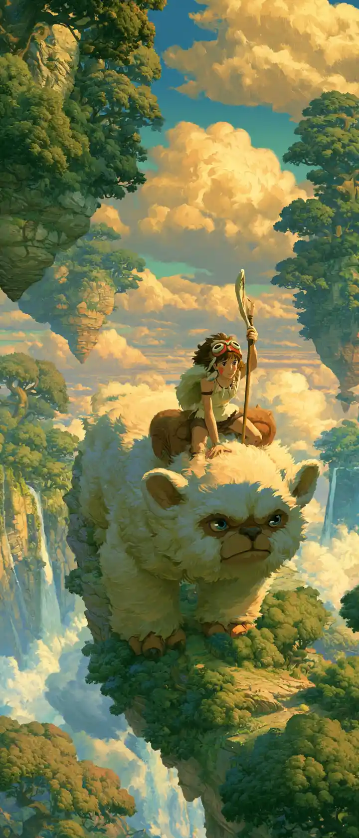 Girl riding a spirit beast across floating forest islands
