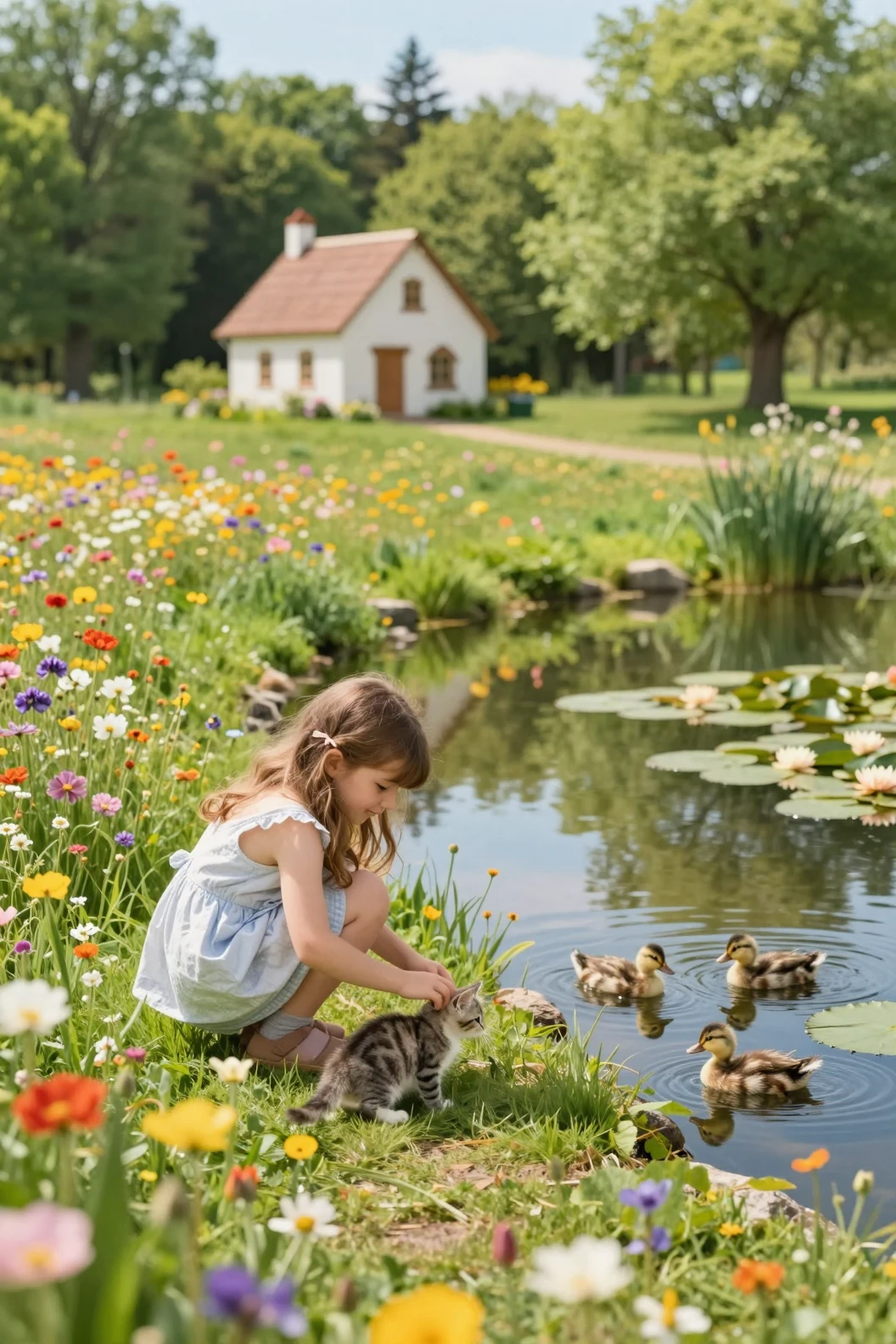 Young girl with kitten in a summer wildflower field