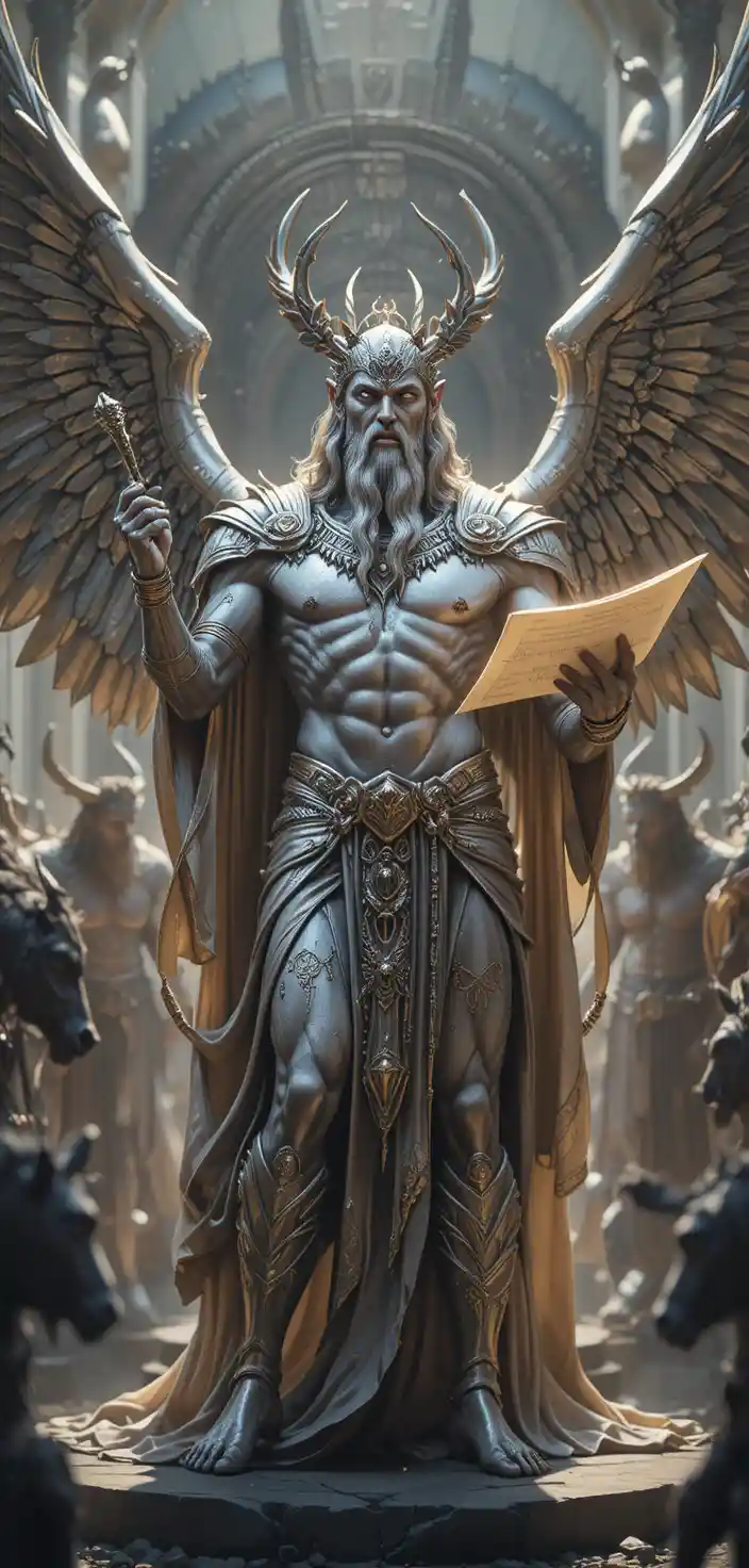 Winged Greek demigod chanting over glowing parchment