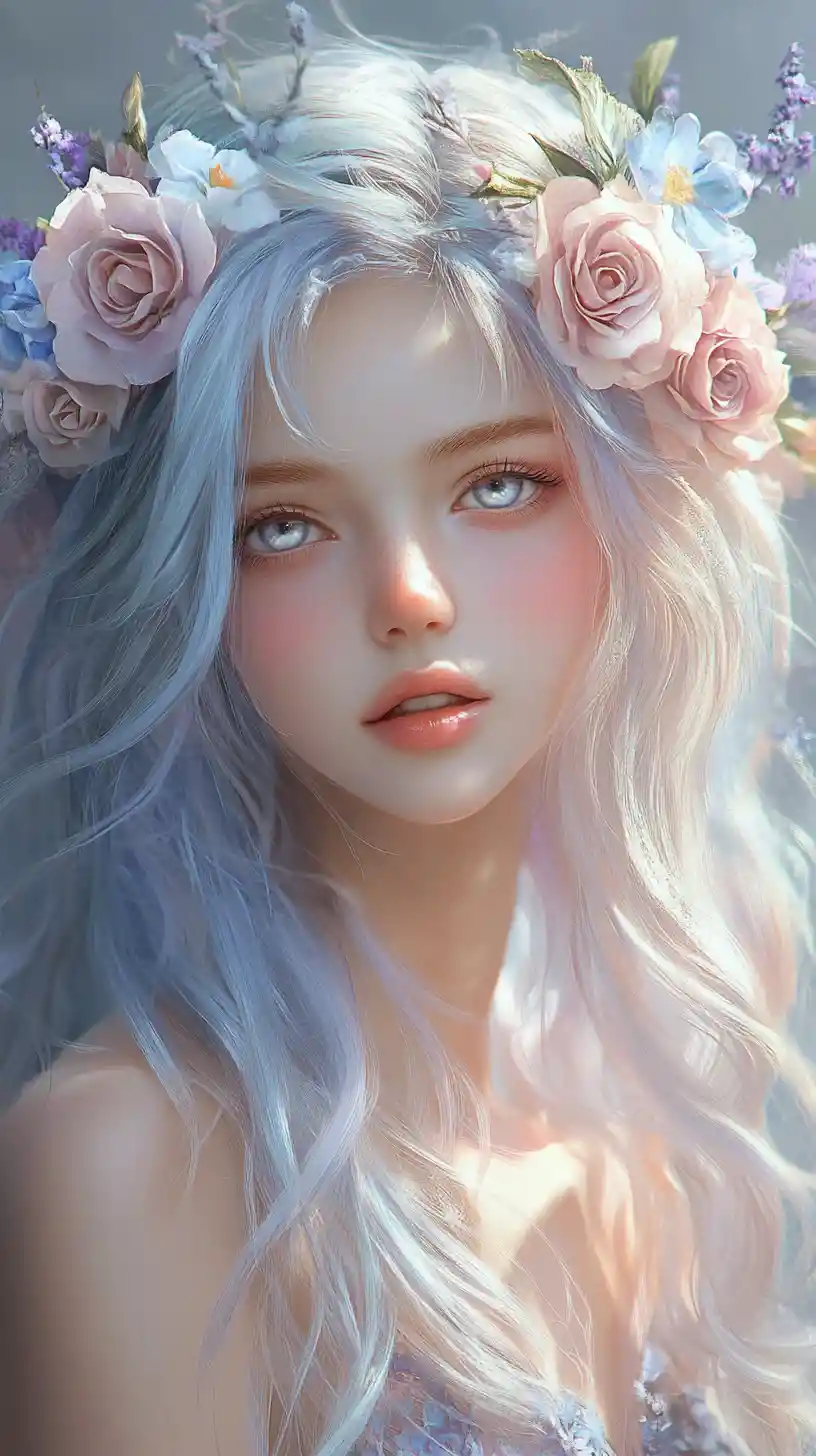 Ethereal anime girl with pastel floral hair crown