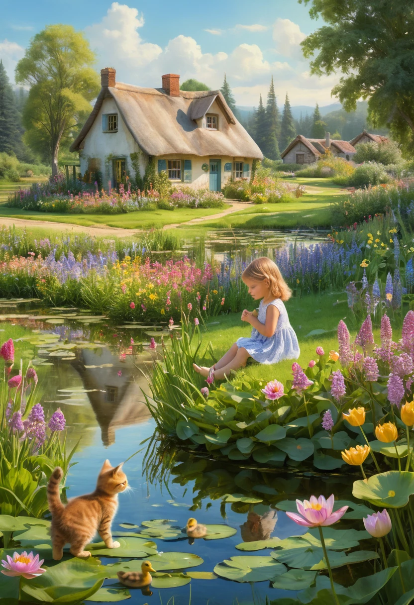Young girl with kitten in a summer flower field