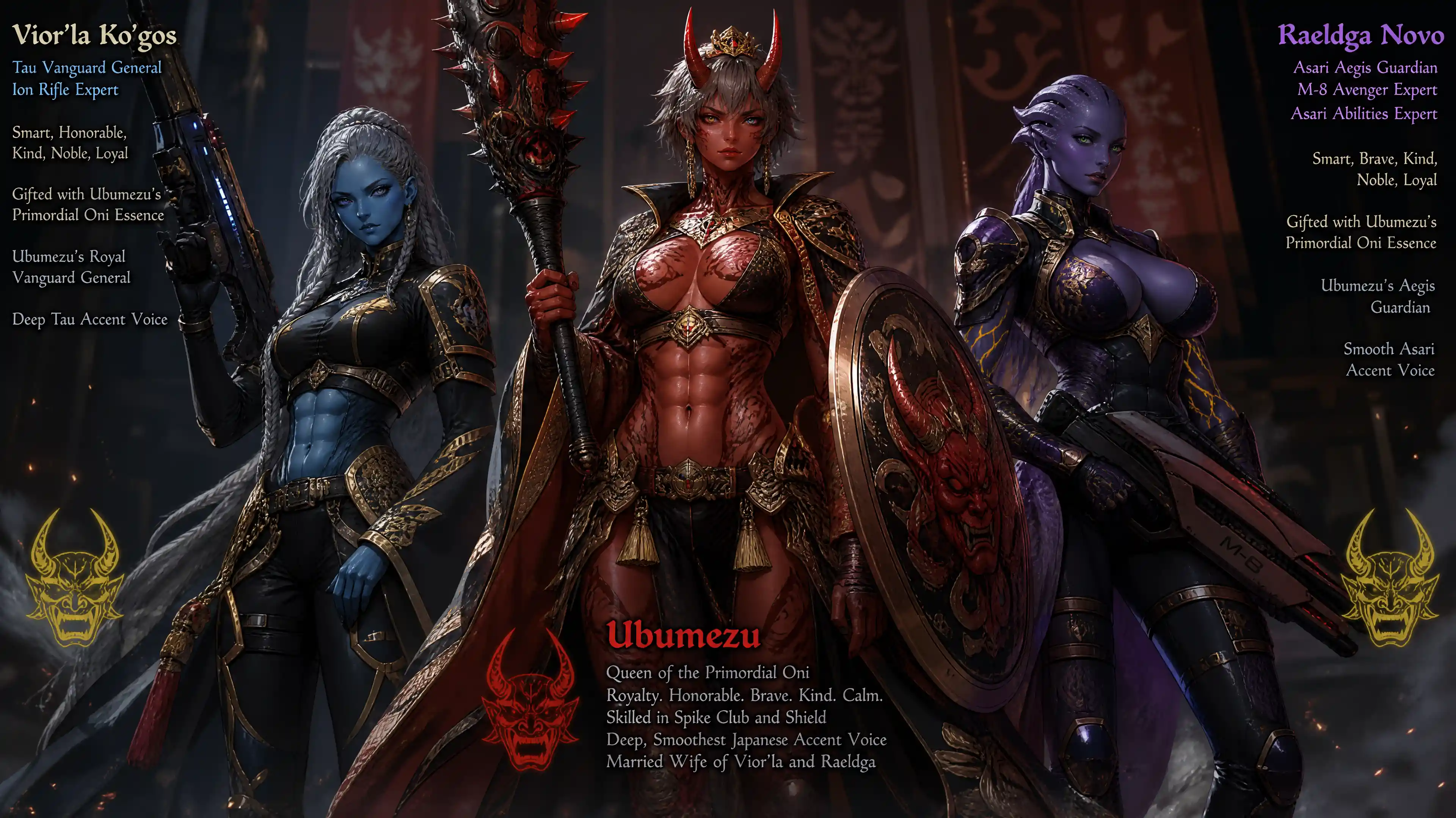 Regal primordial oni queen with ornate horns and tattoos
