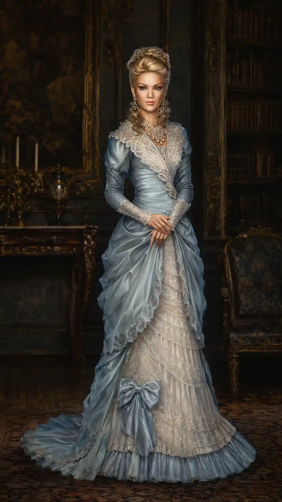 Victorian woman in blue satin dress in grand interior