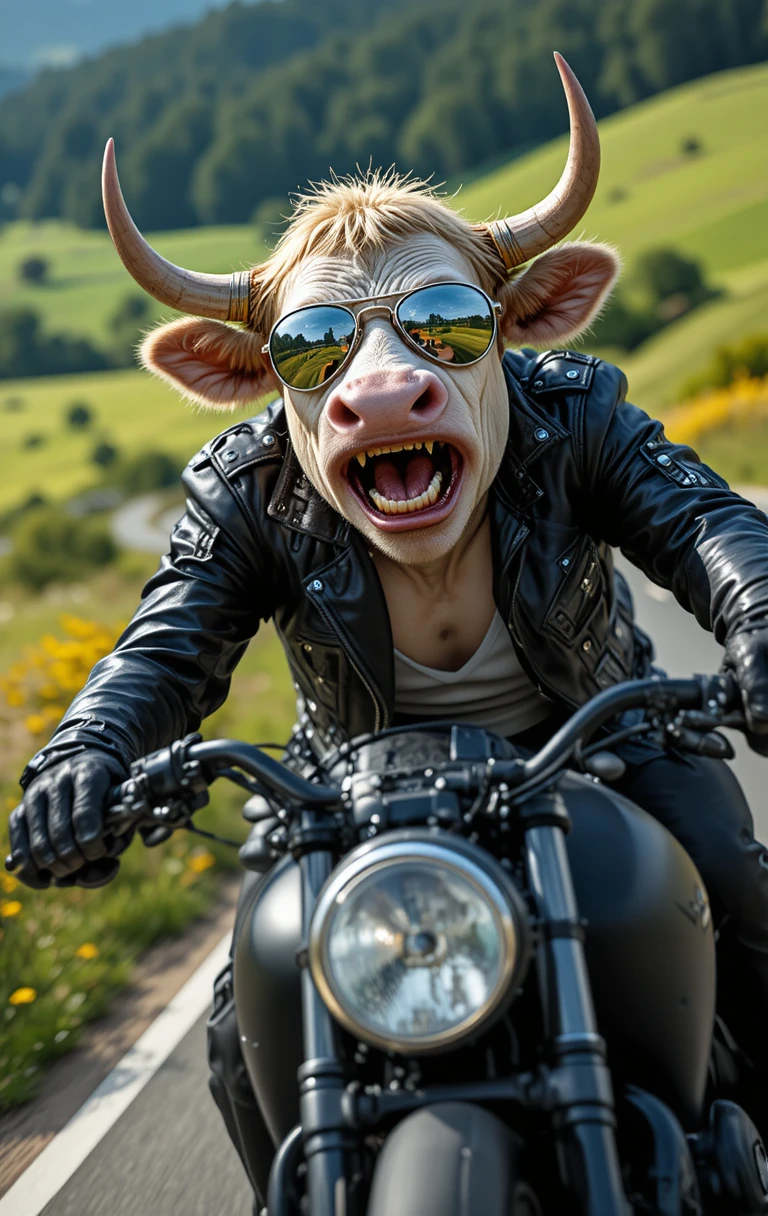 Crazy cow biker racing through the green countryside
