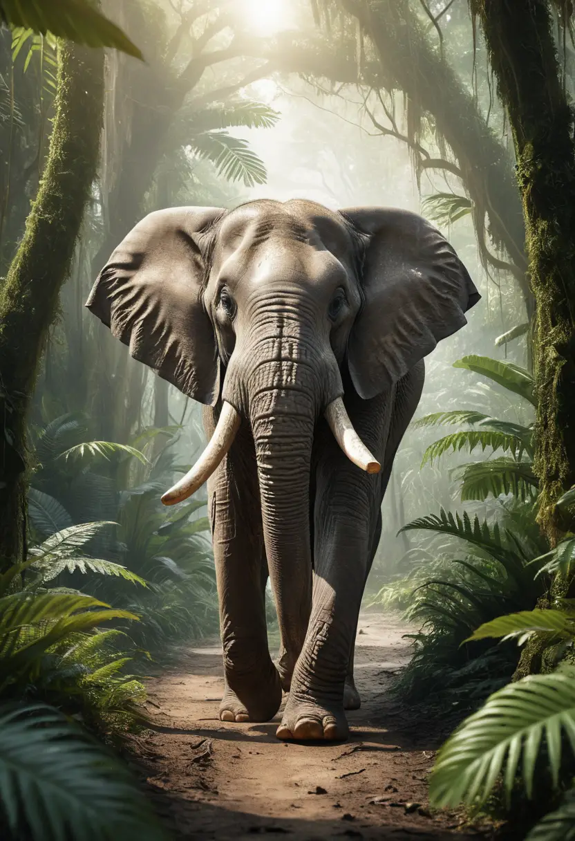 Elefante asiatico che avanza nella luce di una rigogliosa giungla tropicale