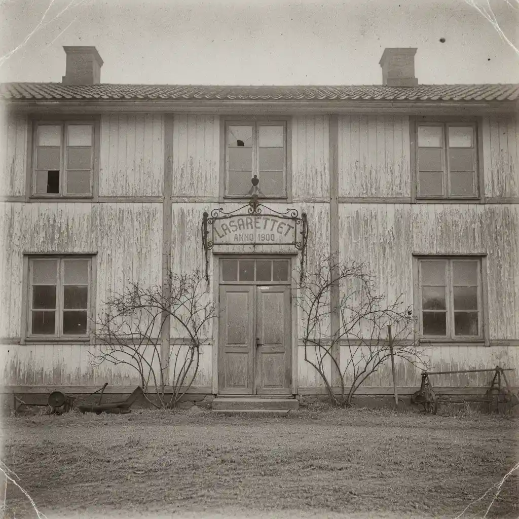 Vintage Swedish hospital interior in worn sepia tones