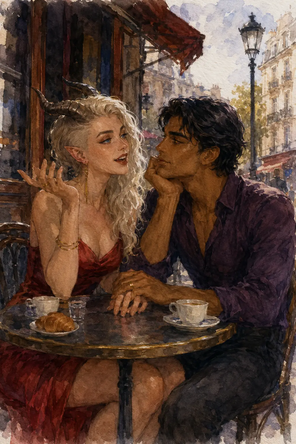 Tiefling woman and human lover at a Paris street cafe