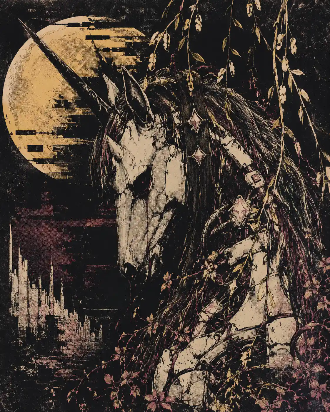 Surreal dark unicorn in a glitching nostalgic dreamscape