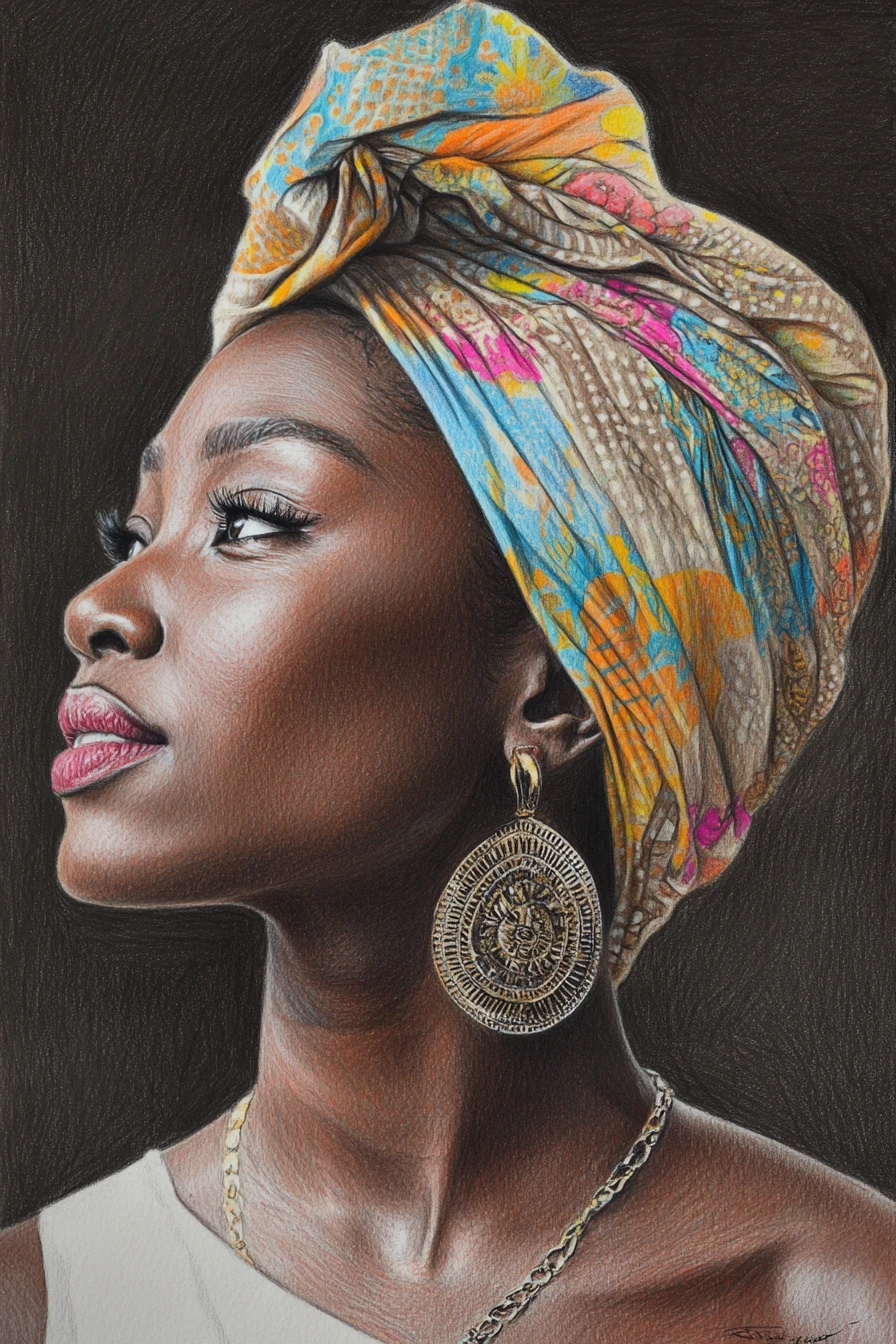 Profile drawing of serene African woman with headwrap