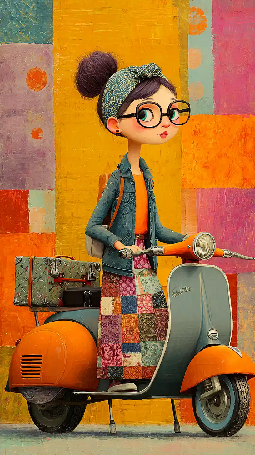Whimsical girl on vintage scooter in colorful collage