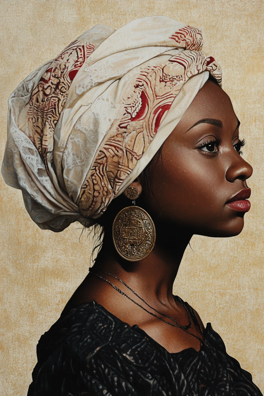 Serene profile portrait of a woman in an ornate turban