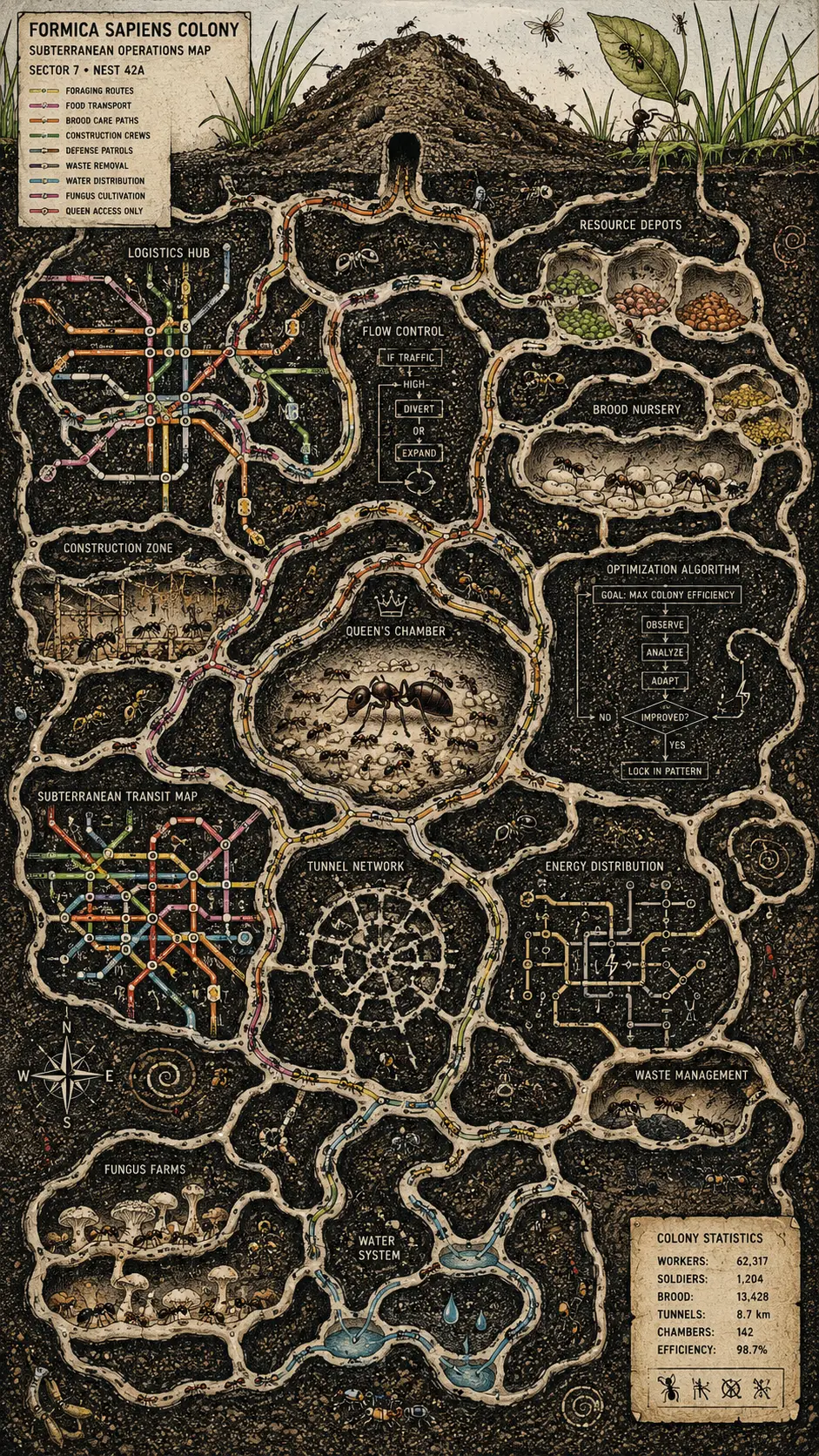 Underground ant colony cutaway fused with abstract data maps