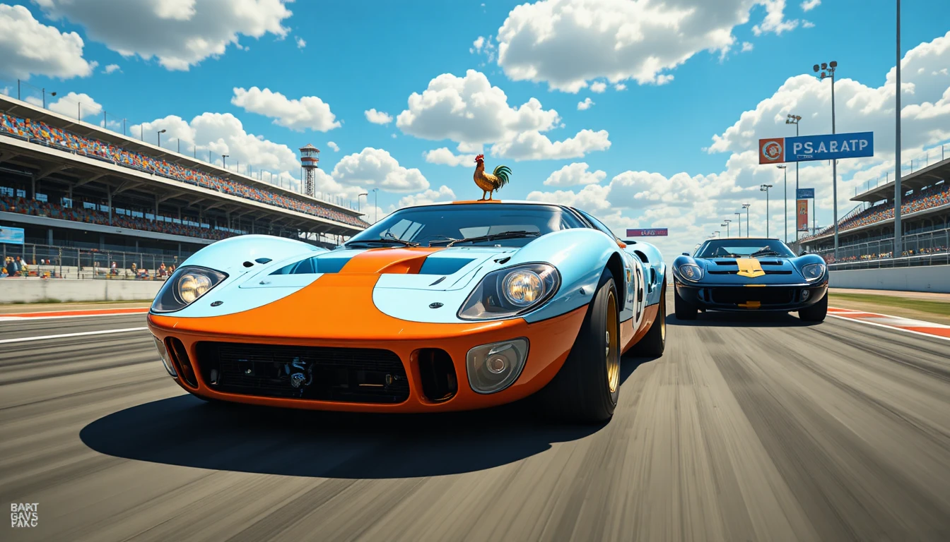 Classic race cars speeding along a sunny track
