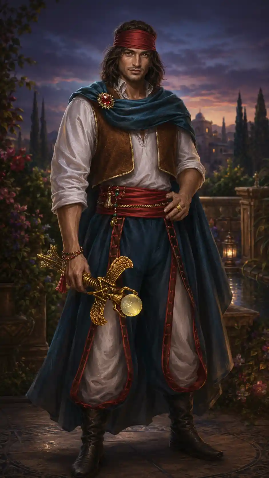 Fantasy portrait of a confident Mediterranean man in a garden