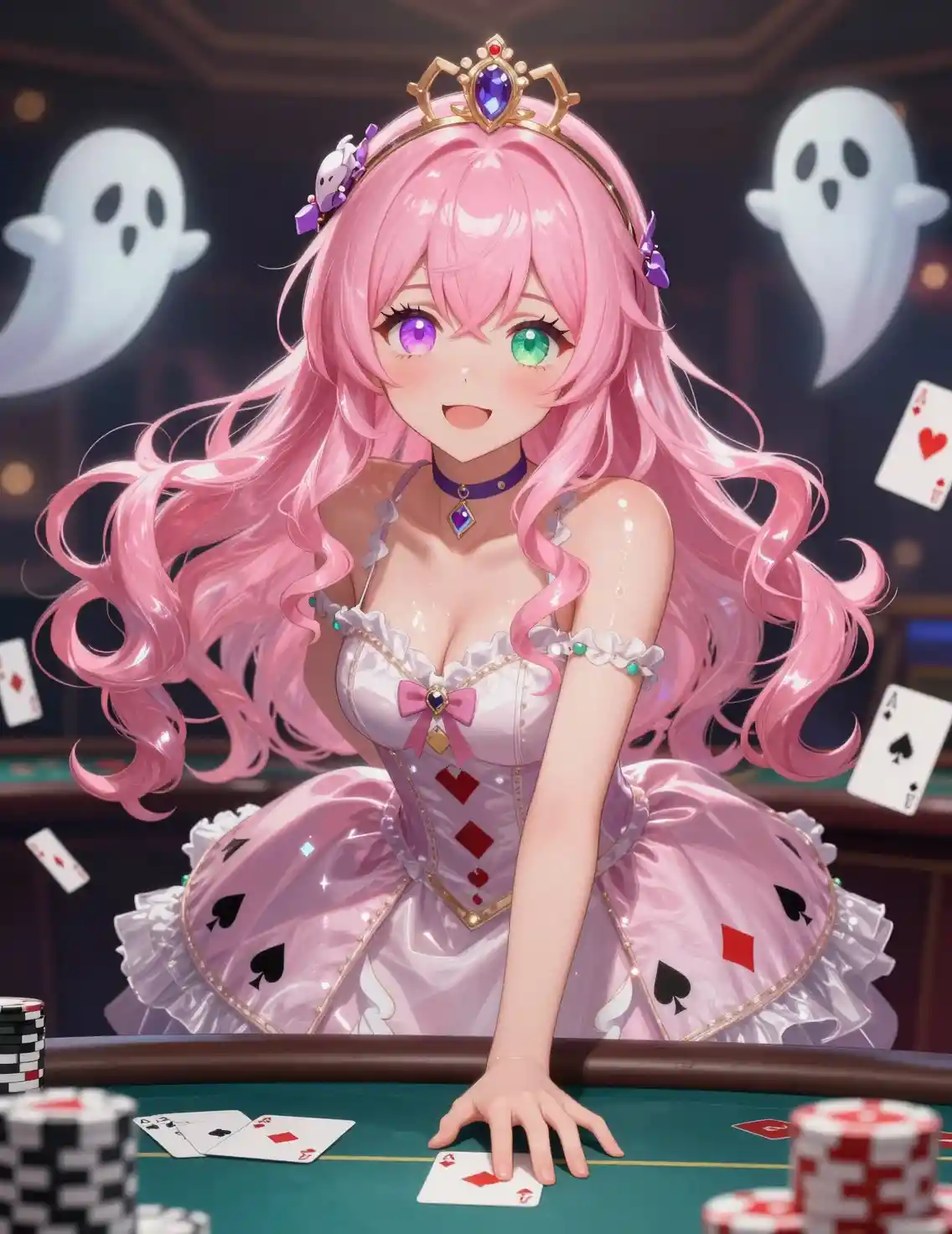 Cute anime princess girl playing poker in casino