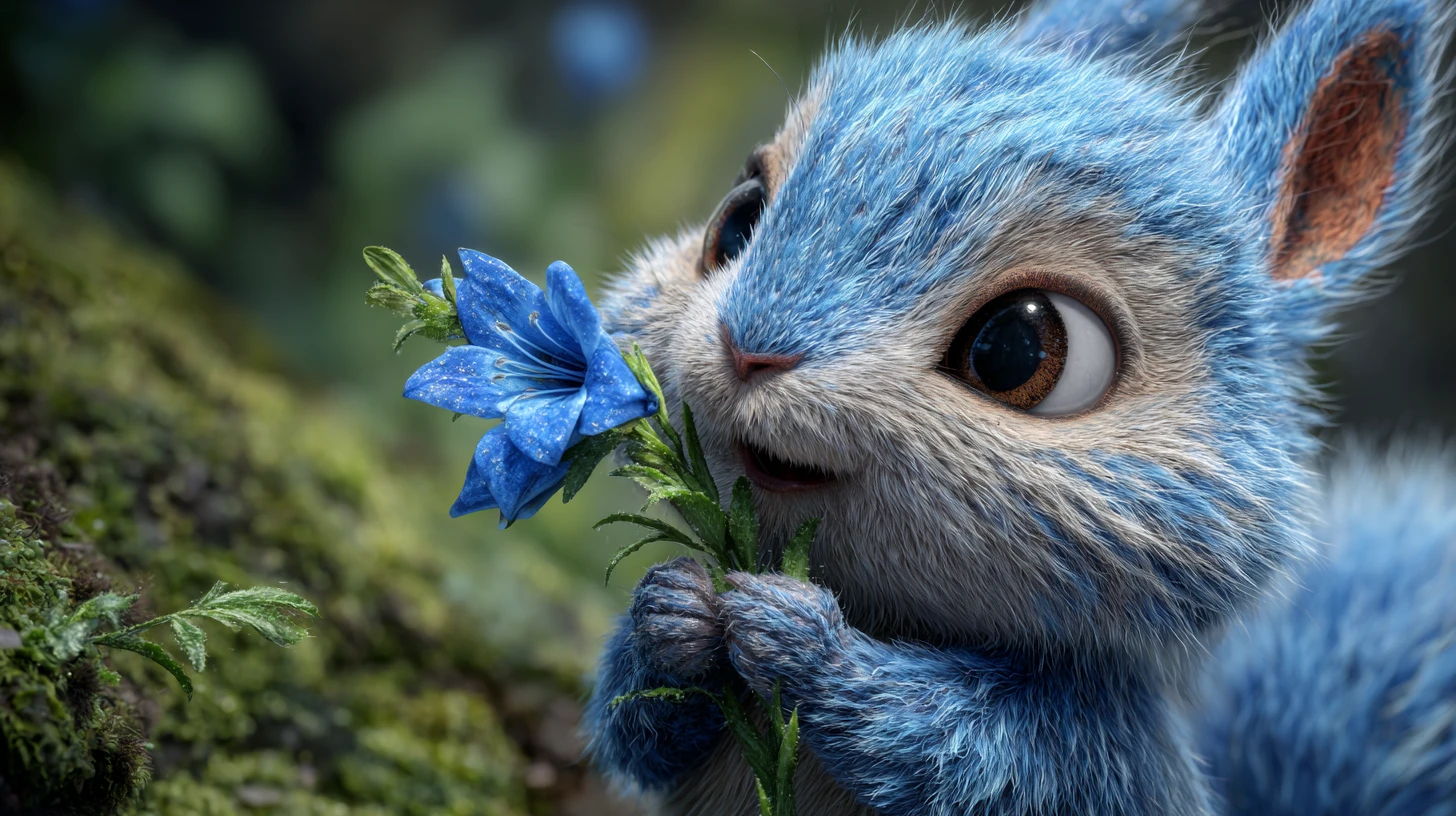 Small blue creature sheltering under a sky blue flower