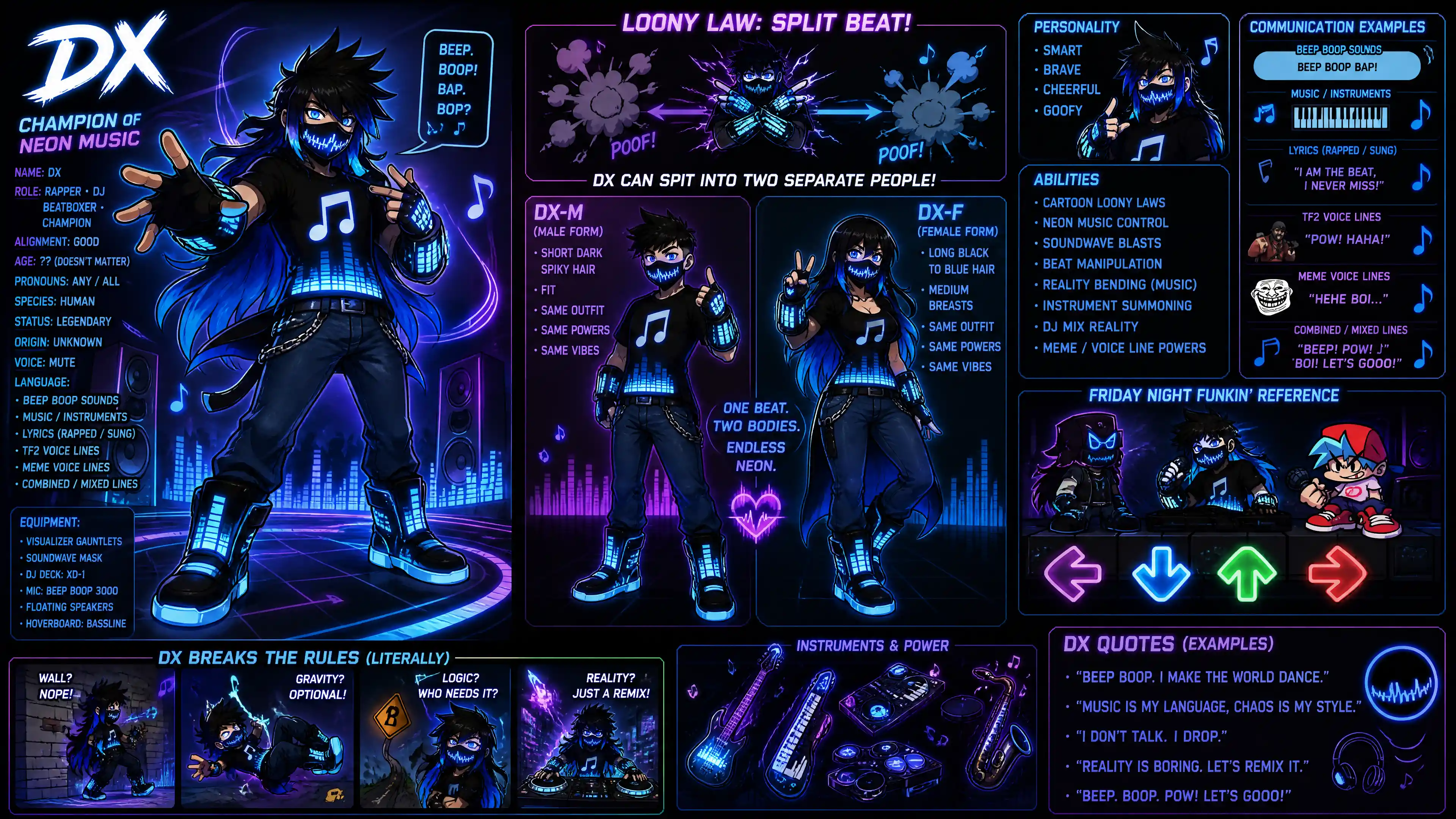 Androgynous neon musician with mask and glowing gear