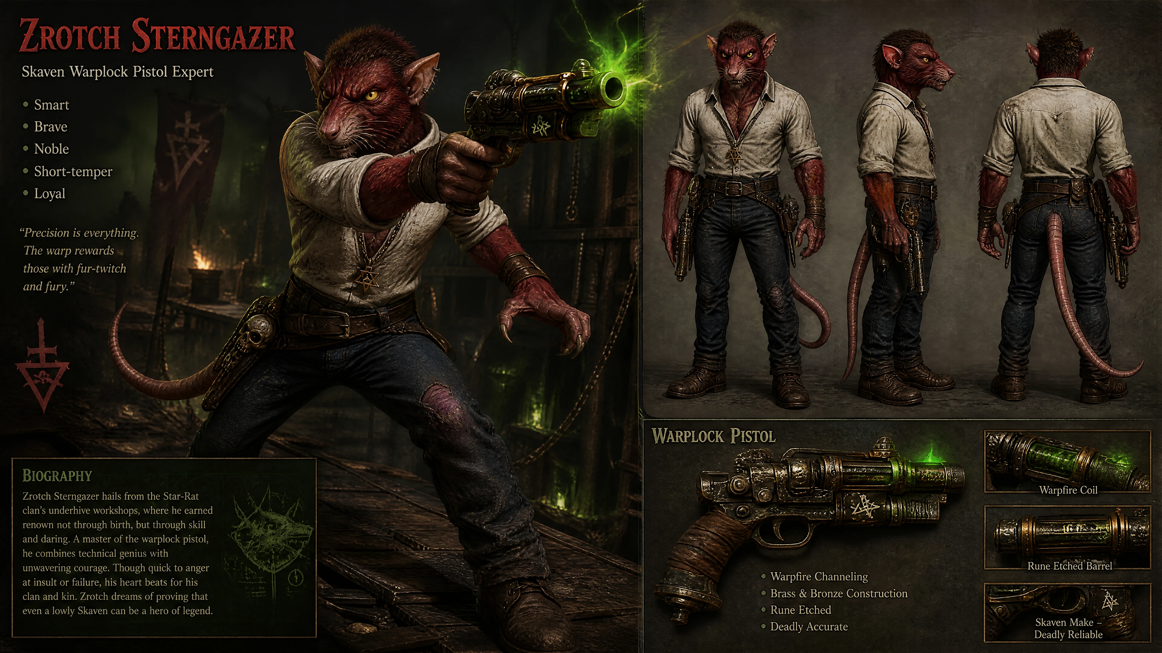 Anthropomorpher Rattenkrieger mit rotem Fell, Pistole und Freizeitkleidung