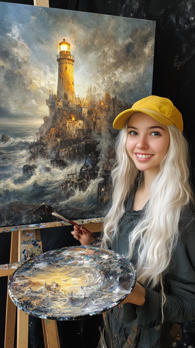 Smiling young artist with white hair holding brush and palette