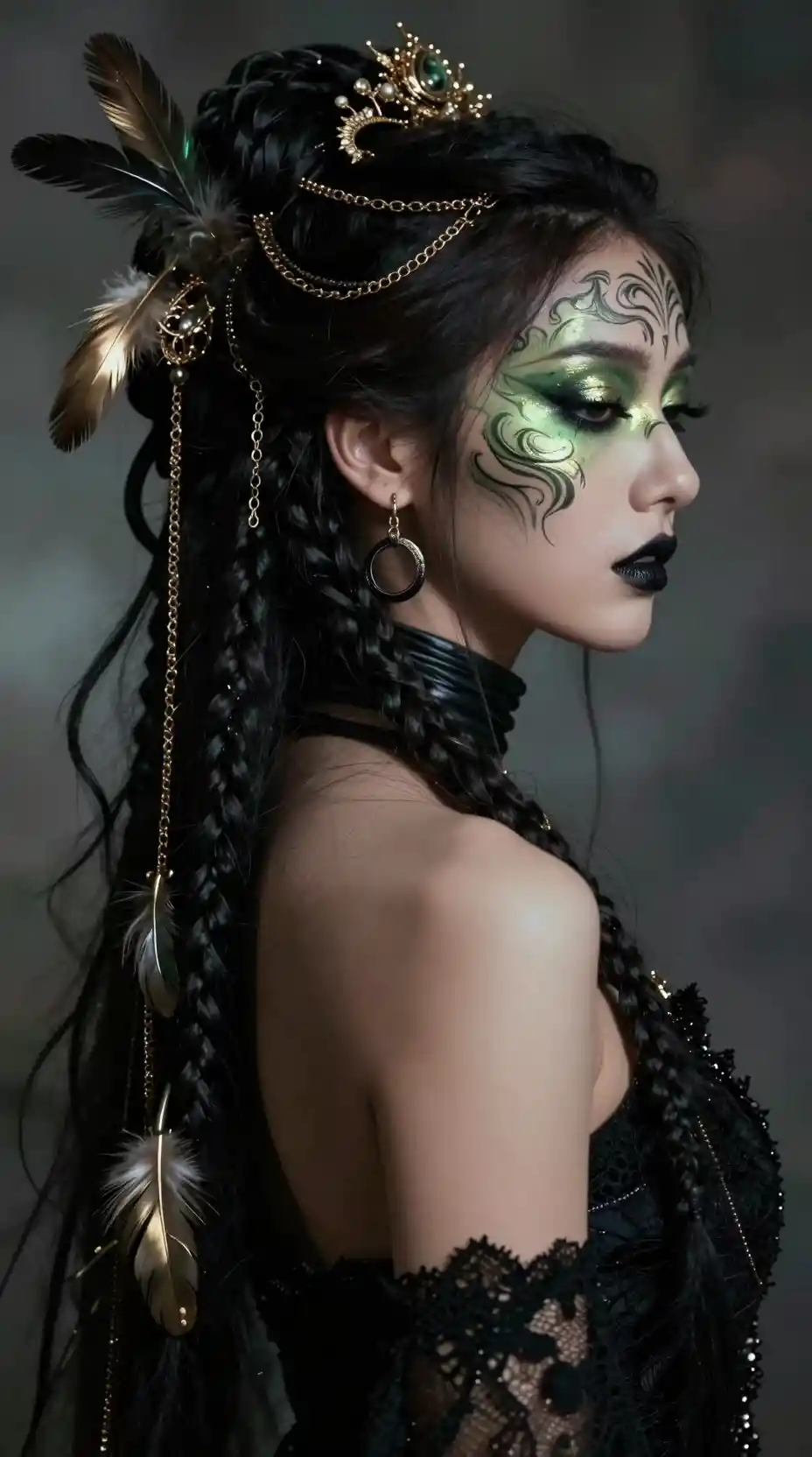Mystical bohemian woman in braids with dark tribal makeup