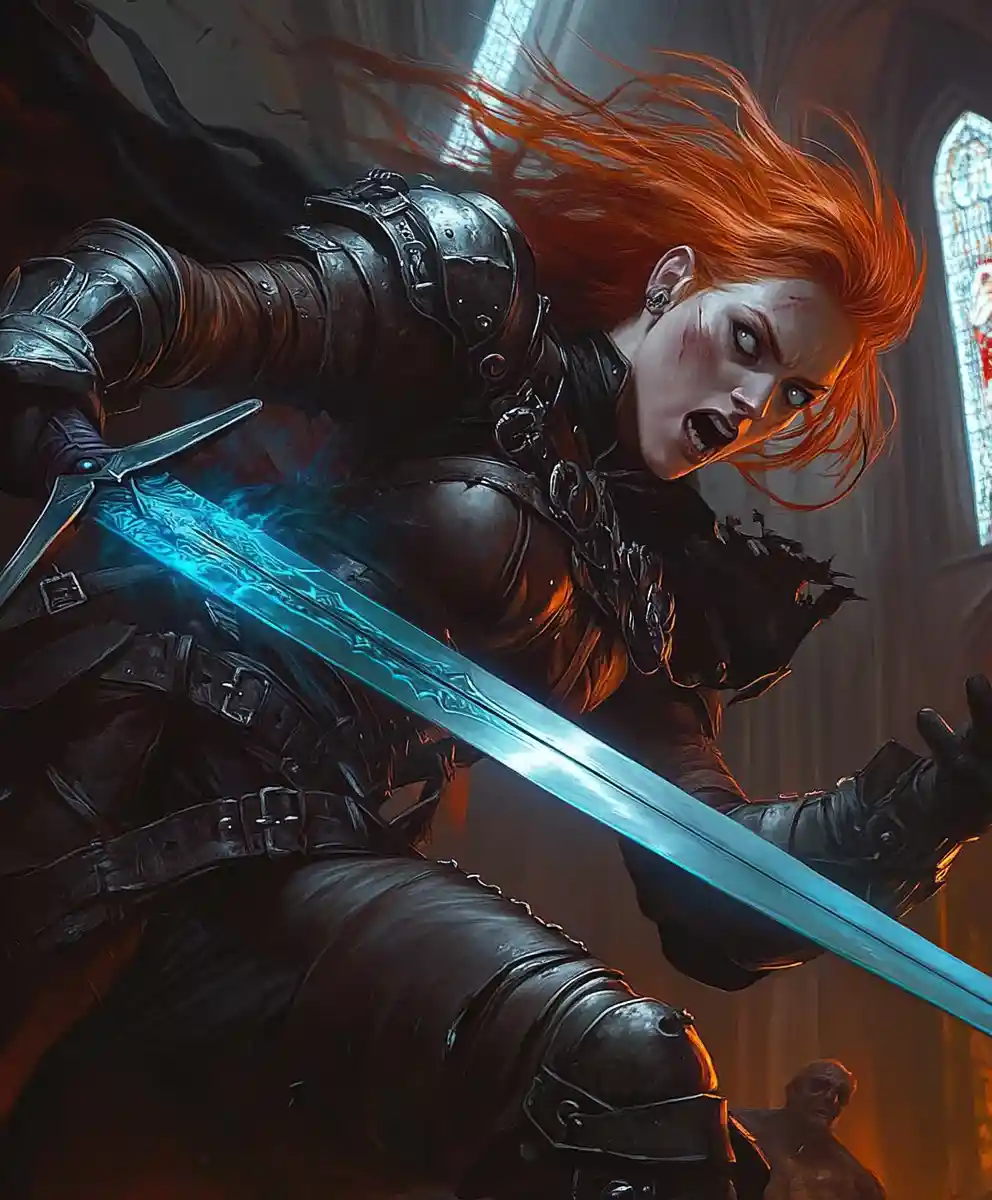 Warrior woman battling shadow monster in gothic church