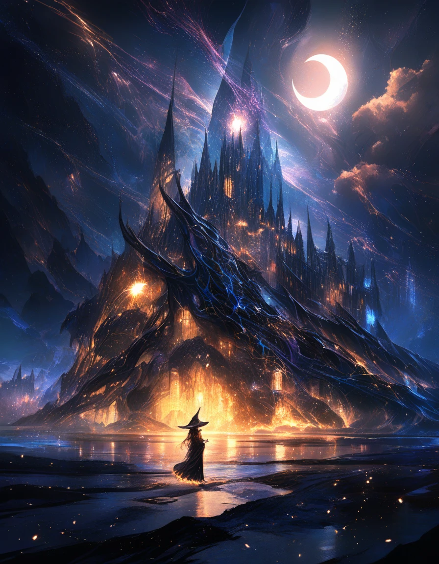 Mystical witch with owls in an enchanted moonlit forest