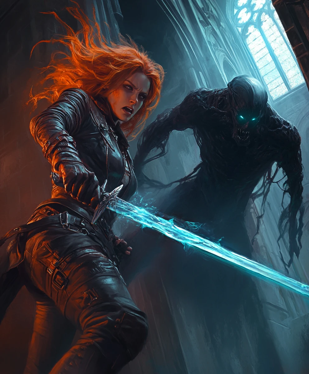 Warrior woman battling shadow monster in gothic church
