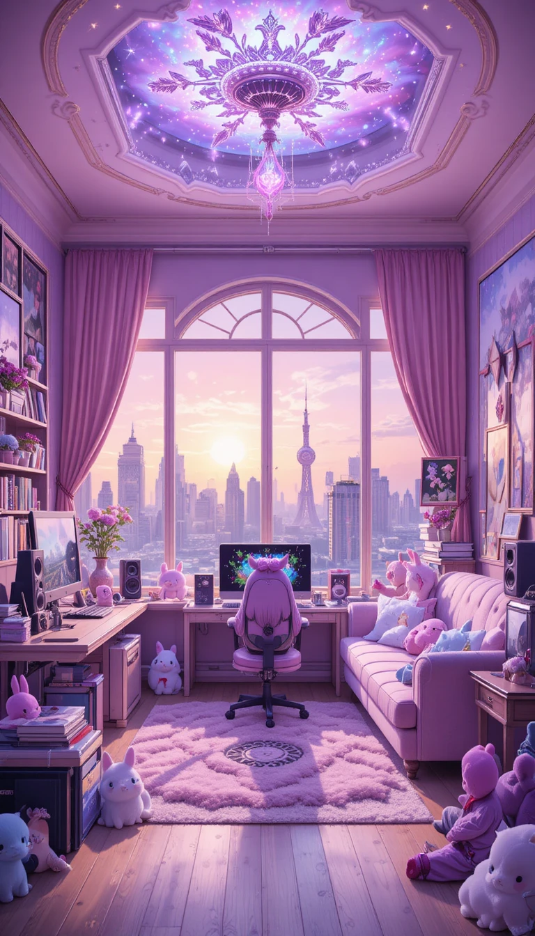 Accogliente camera da letto pastello con vista sulla città e postazione da gaming