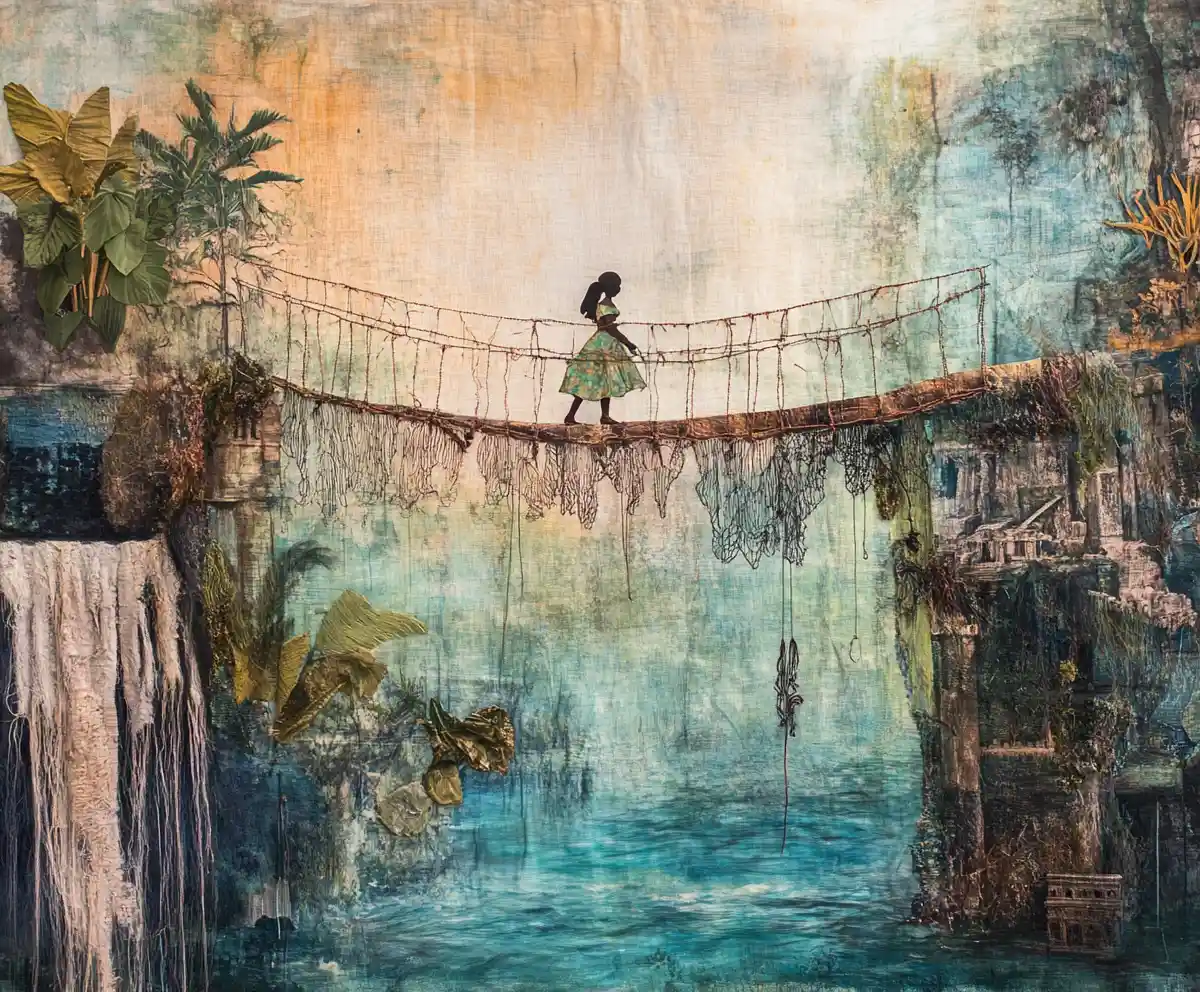 Textile explorers crossing a rope bridge above waterfall