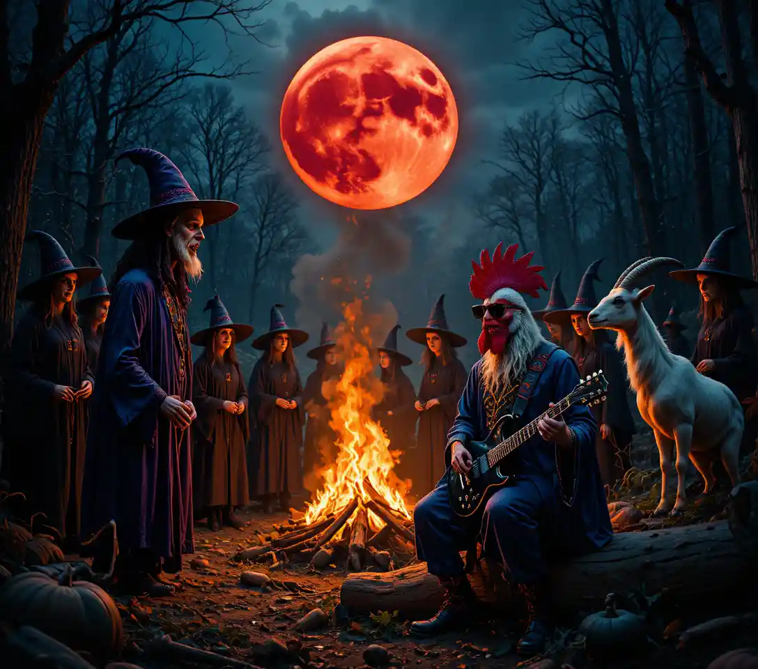 Witches Gather By Bonfire Under A Blood Red Moon