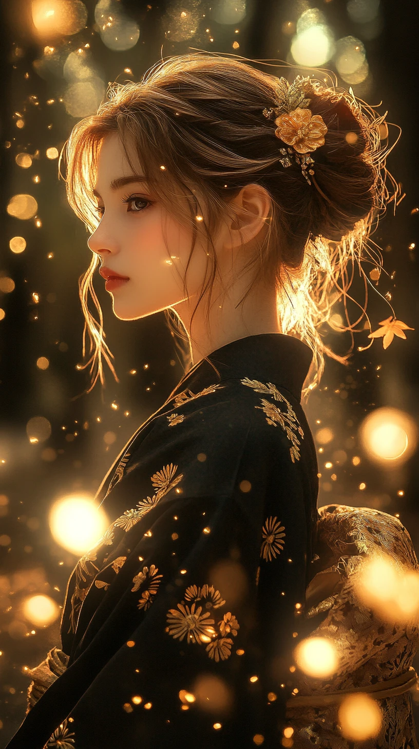 Anime girl in black kimono in glowing fantasy forest
