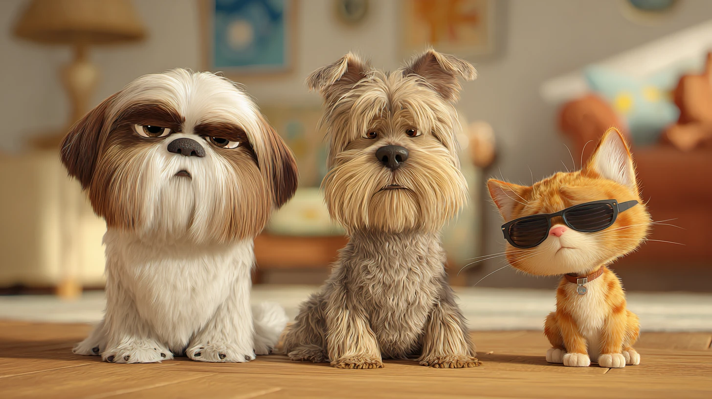 Two angry little dogs and a cool kitten in a living room