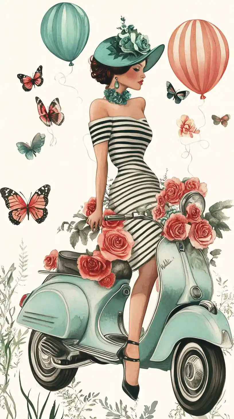 Elegant woman on vintage scooter with roses and balloons