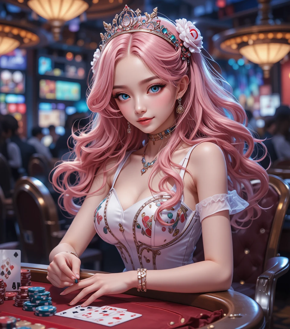Dolce ragazza anime che gioca a poker in un casinò luminoso