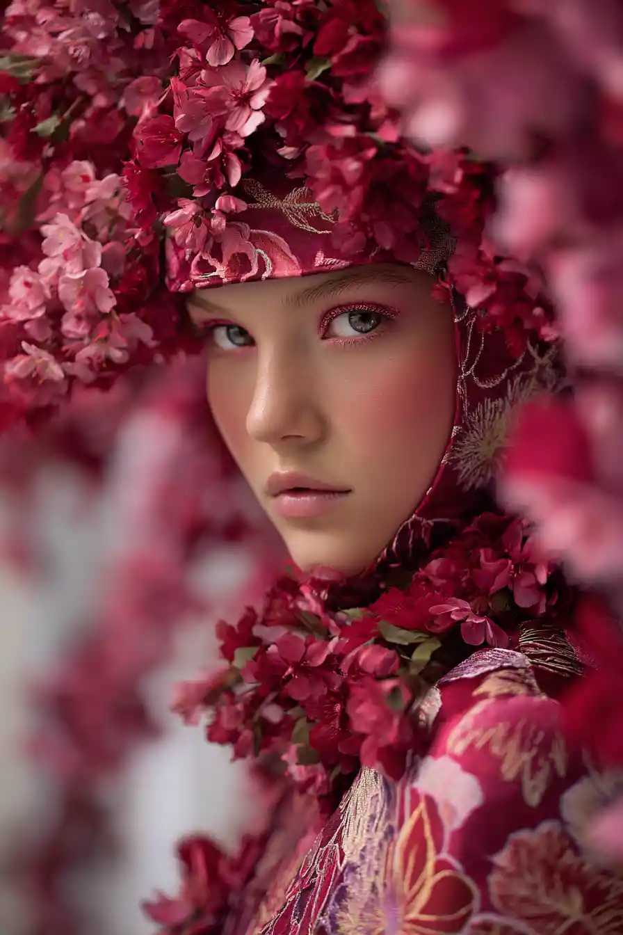Young woman in red cherry blossoms and silk kimono