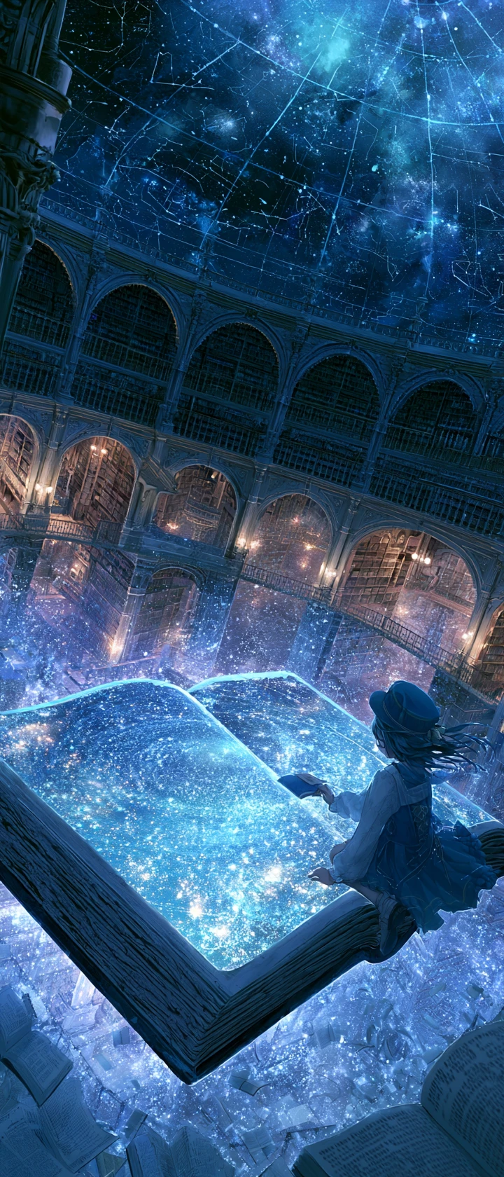 Young anime astronomer in a vast cosmic library