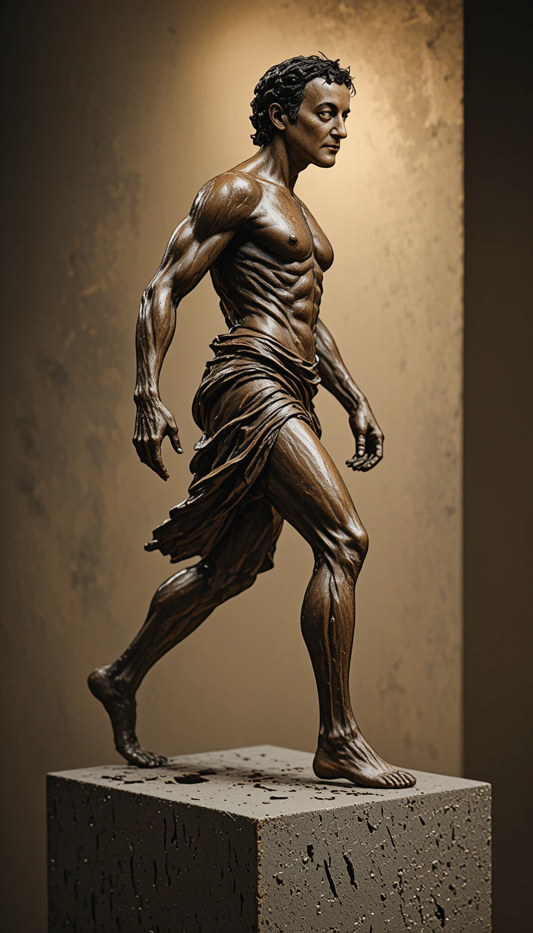 Bronze sculpture of a determined man striding forward in profile