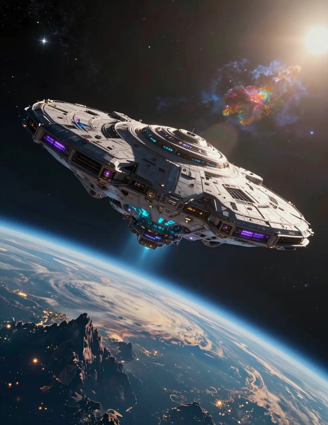 Enorme nave estelar alienígena orbitando um planeta distante parecido com a Terra